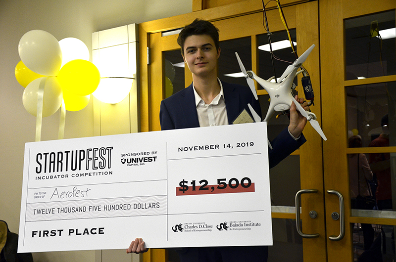 Harrison Hertzberg, a first-year student studying entrepreneurship and innovation in the Close School, won a total of $12,500 in prize money a this year's Startup Fest in order to bring his idea for AeroPest to market. 